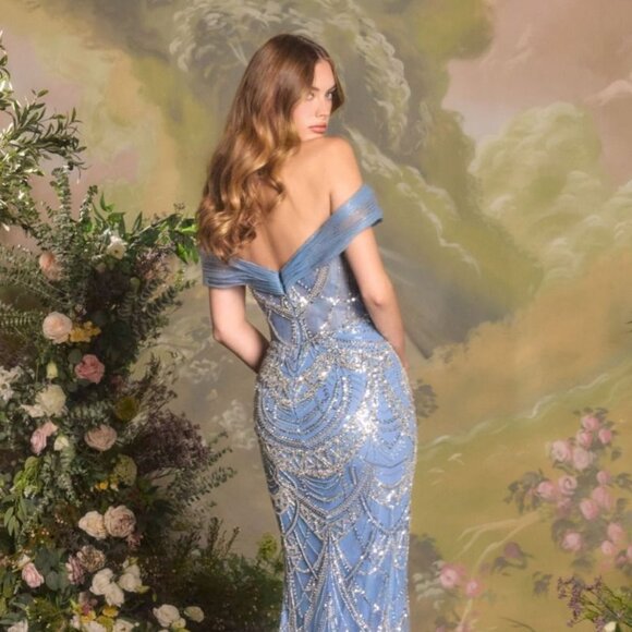 New Dazzling Rhinestones Embellished Maxi Pageant Gown w/ Floral Accent CD A1496 - Picture 7 of 9